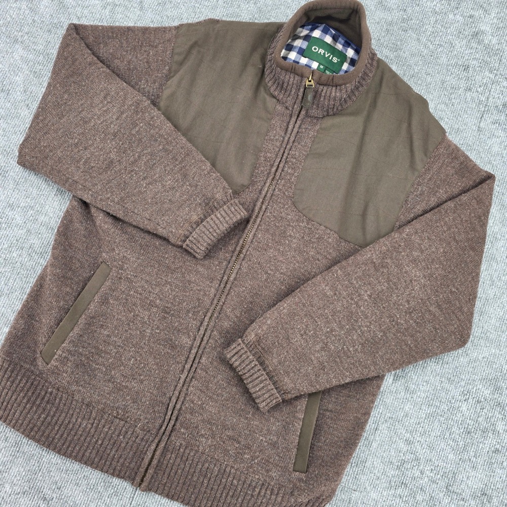 Orvis Mens Full Zip Wool Cardigan Sweater Brown Lined Field Jacket Size M